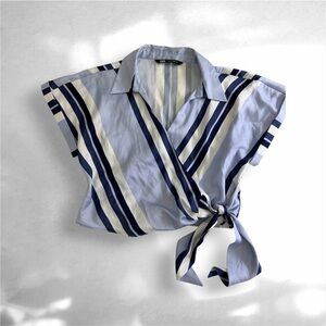 Zara Blue Striped Silky Knot Cropped Blouse